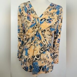 Reba braided wrap silver studs embellish knit top in peach & blue print, Large